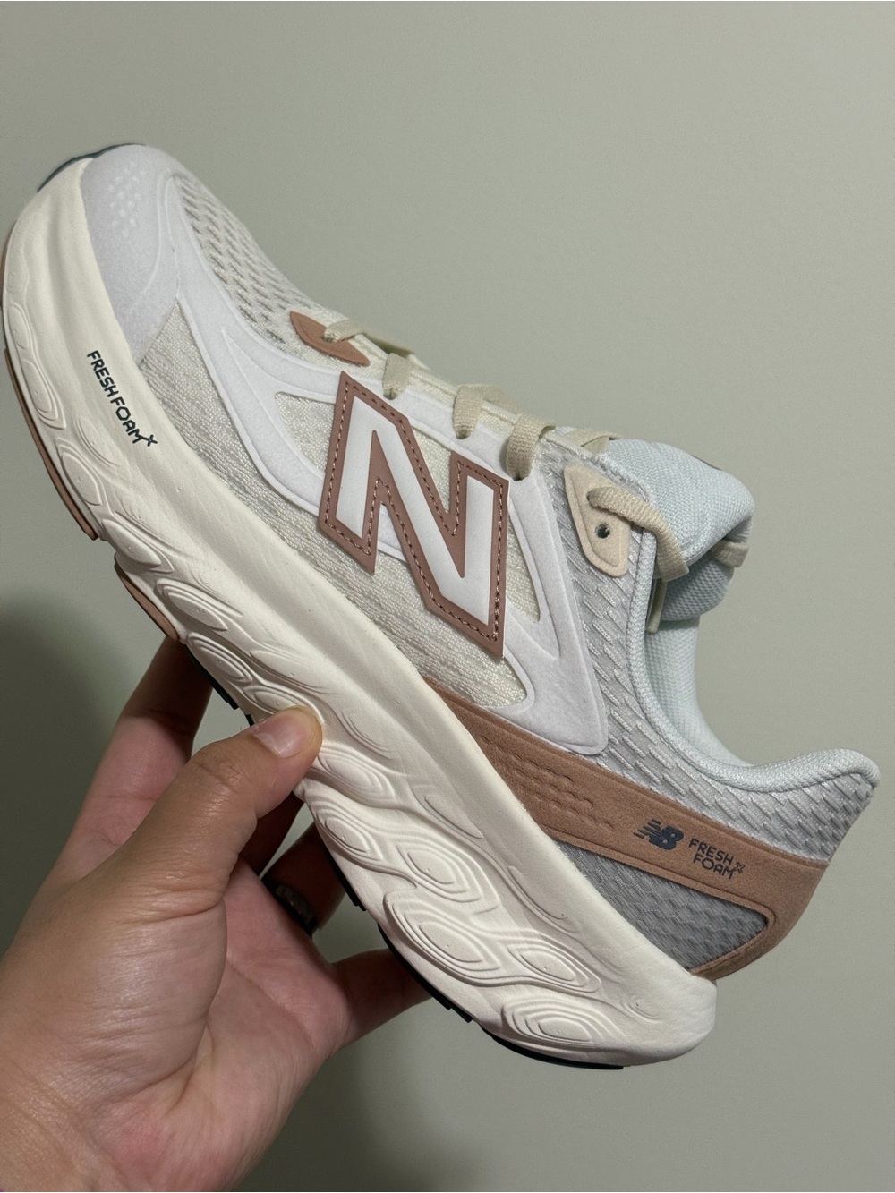 New Balance White and Taupe Running Sneaker with Fresh Foam